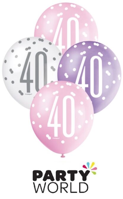 40th Pink, Purple & White Latex Balloons (6)