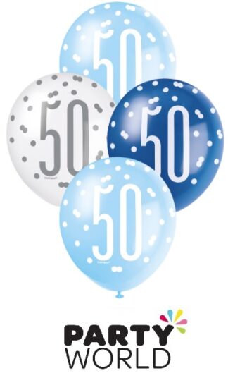 50th Blue & White Latex Balloons (6)