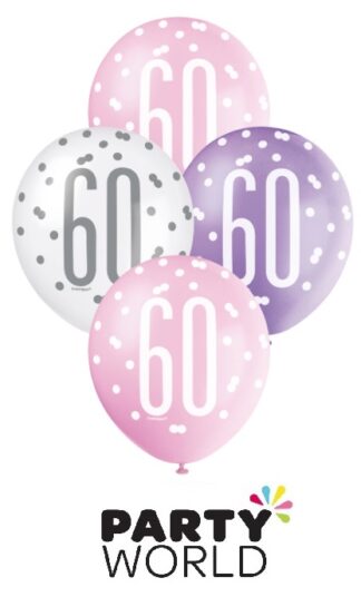 60th Pink, Purple & White Latex Balloons (6)