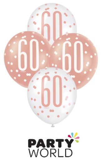 60th Rose Gold & White Latex Balloons (6)