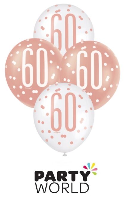 60th Rose Gold & White Latex Balloons (6)