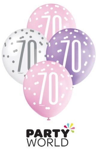 70th Pink, Purple & White Latex Balloons (6)