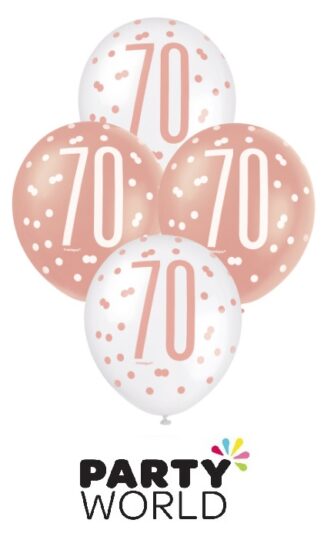 70th Rose Gold & White Latex Balloons (6)