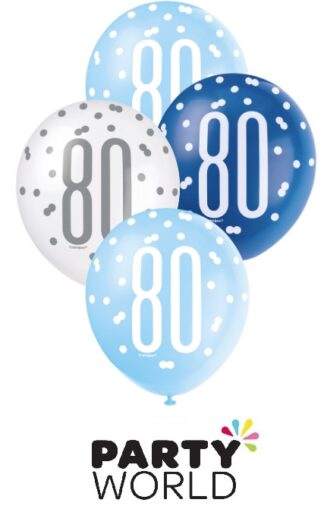 80th Blue & White Latex Balloons (6)