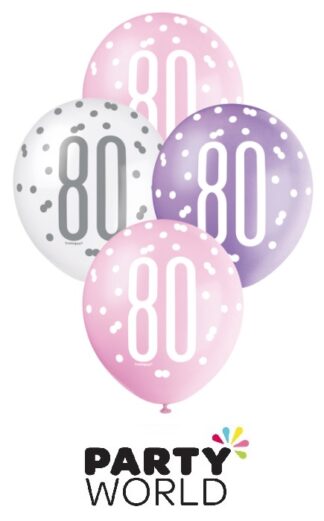 80th Pink, Purple & White Latex Balloons (6)