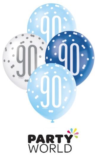 90th Blue & White Latex Balloons (6)