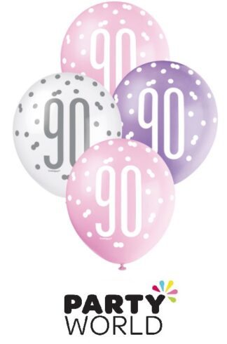 90th Pink, Purple & White Latex Balloons (6)