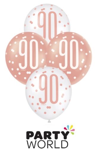 90th Rose Gold & White Latex Balloons (6)
