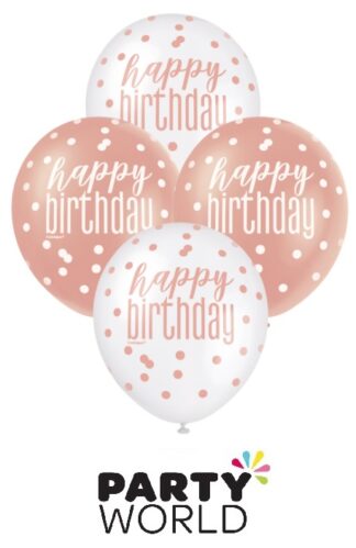 Happy Birthday Rose Gold & White Latex Balloons (6)