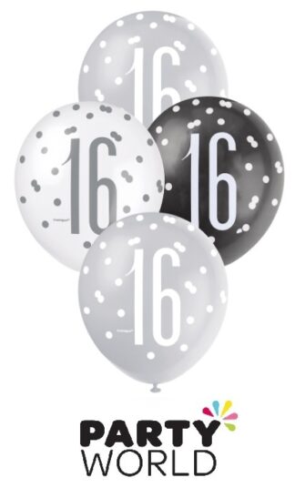 16th Assorted Black Silver & White Latex Balloons (6)