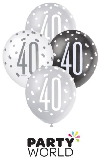 40th Black Silver & White Latex Balloons (6)