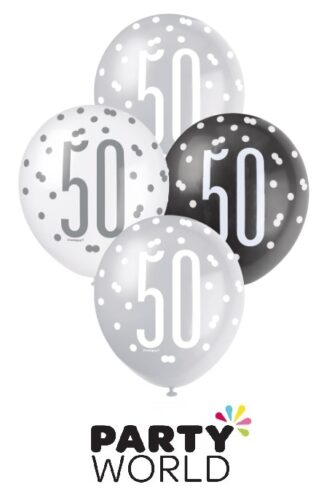 50th Black Silver & White Latex Balloons (6)