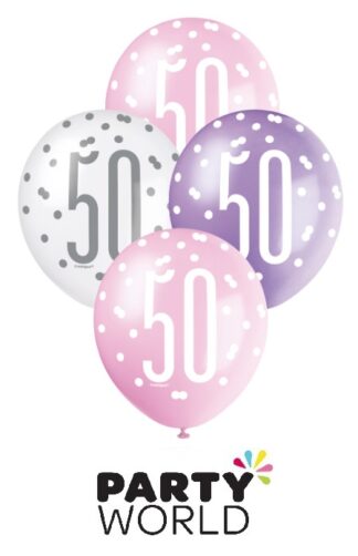 50th Pink Purple & White Latex Balloons (6)