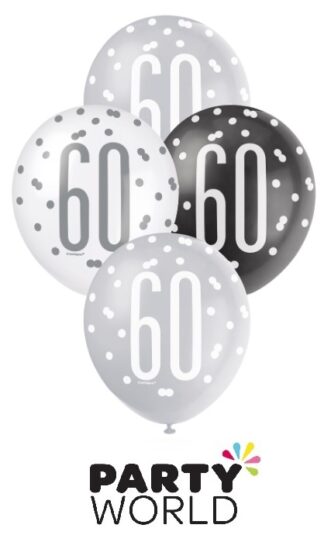 60th Black Silver & White Latex Balloons (6)
