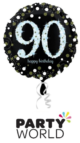 90th Birthday Black And Gold Holographic Sparkling Foil Balloon 18 inch