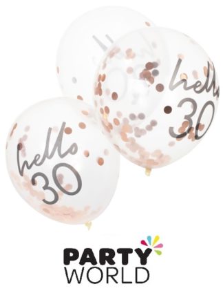 30th Rose Gold Confetti Filled Hello 21 Latex Balloons (5)