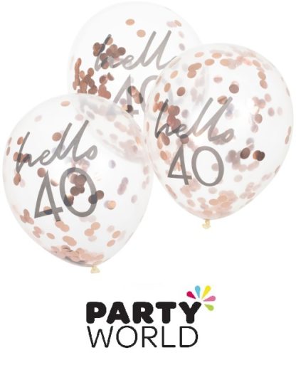 40th Rose Gold Confetti Filled Hello 40 Latex Balloons (5)