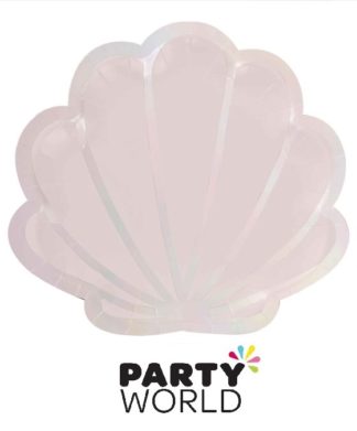 Mermaid Party Paper Plates Shell Shaped Pink And Iridescent (8pk)