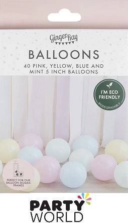 Mini 5in / 12cm Latex Balloons by Ginger Ray - Pastel Pink, Yellow, Blue & Mint (40pk)