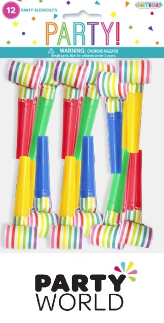 Assorted Colours Striped Party Blowouts (12)