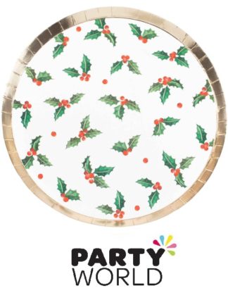 Merry Christmas Holly Gold Foiled Round Paper Plates (8pk)