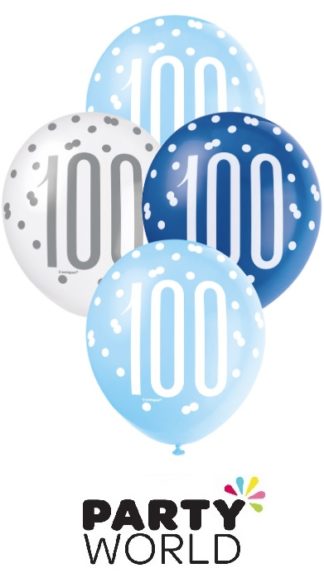 100th Birthday Assorted Blue And White 30cm Latex Balloons (6)