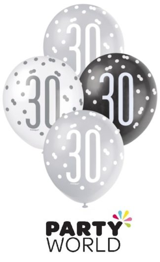 30th Birthday Black Silver And White Latex Balloons (6)