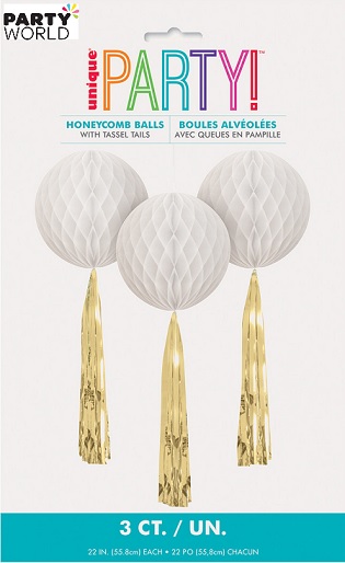 Bright White Honeycomb Balls with Gold Tassel Tails (3pk)