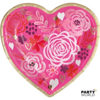heart shaped floral paper plates pink