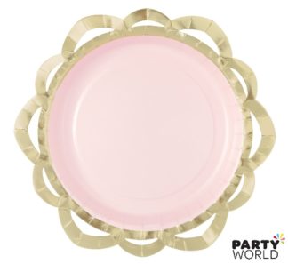 pink paper plates with foiled gold details
