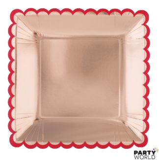rose gold scalloped paper plates with red details