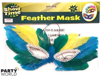 blue & green & yellow feather masquerade mask