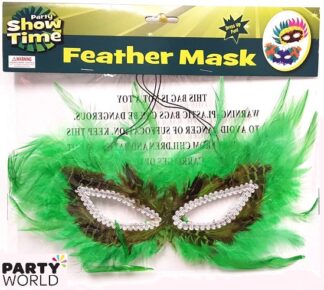 feather masquerade mask green & silver