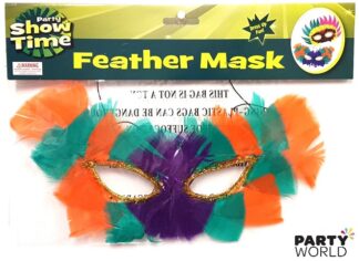 orange & green masquerade mask feathers