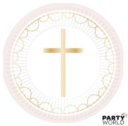 pink & gold cross christening paper plates
