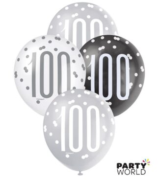 100TH BIRTHDAY LATEX BALLOONS BLACK SILVER WHITE