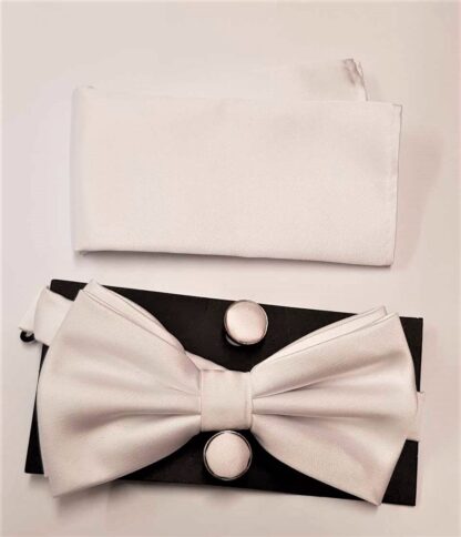 White bow tie cuff links & napkin