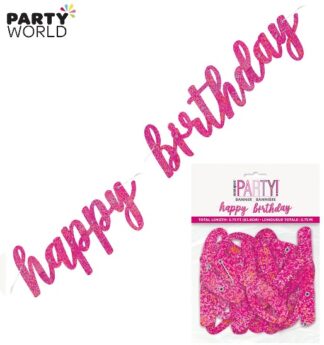 pink holographic happy birthday banner
