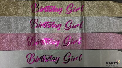 Birthday Girl Sash – Glittery White with Hot Pink Print Party Hats, Blowouts, Badges & Sashes 3