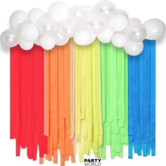balloon garland and rainbow crepe streamers