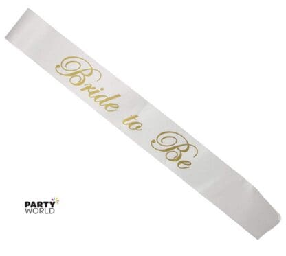 bride to be gold on white sash