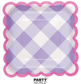pink and purple gingham paper plates