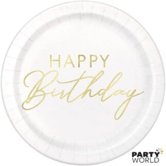 white and gold birthday paper plates