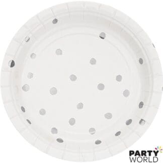 white and silver dots paper plates