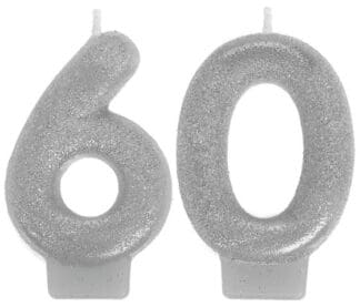 60th Birthday Cake Candles - Silver Glitter
